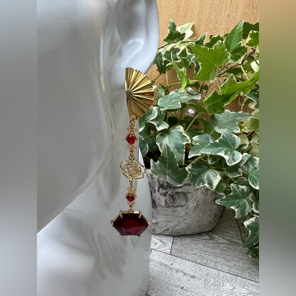 Elegant Art Deco-Inspired  Dangle Statement Earrings- Red & Roses Drop Earrings - Picture 5 of 14
